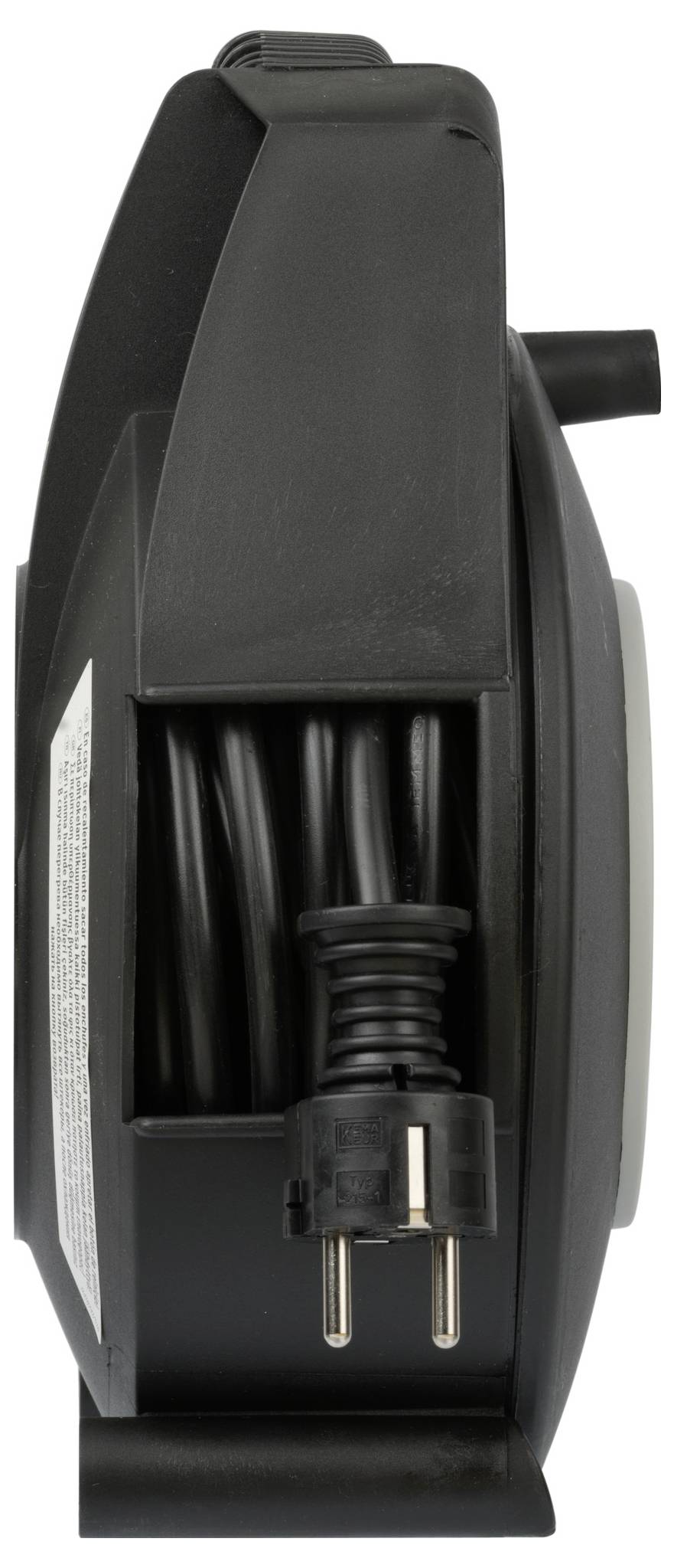 'Side view of a black retractable extension cord reel with the plug visible at the front, wrapped neatly around the reel's holder.'