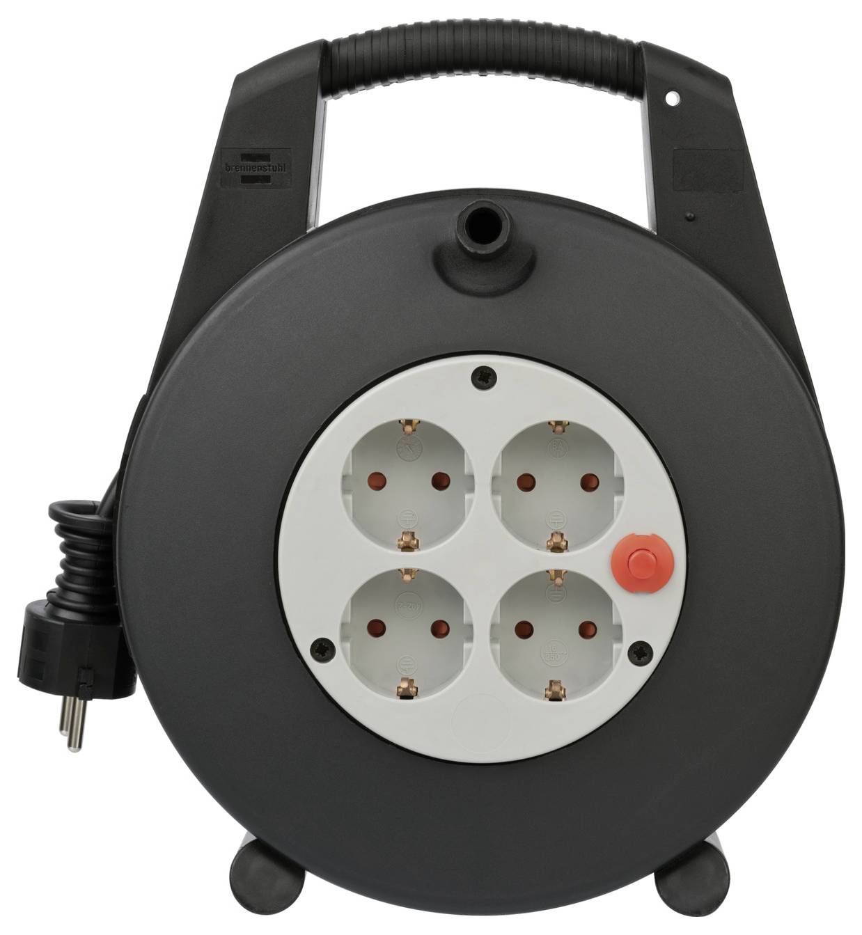 A black plastic cable reel with four white power sockets, one highlighted with a red button, and a black power plug attached.