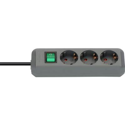 Gray three-socket power strip with green on/off switch and black power cord attached on the left.