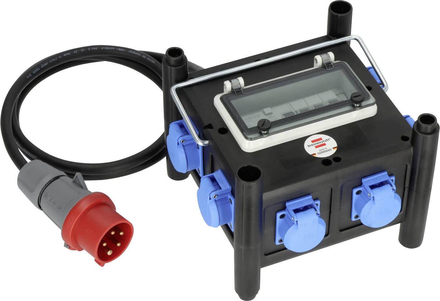 Portable black electrical control box with display and blue cable connectors, attached to a red industrial power plug and cable.