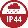 Red IP44 waterproof rating icon with a cloud and raindrops above the text 'IP44'.