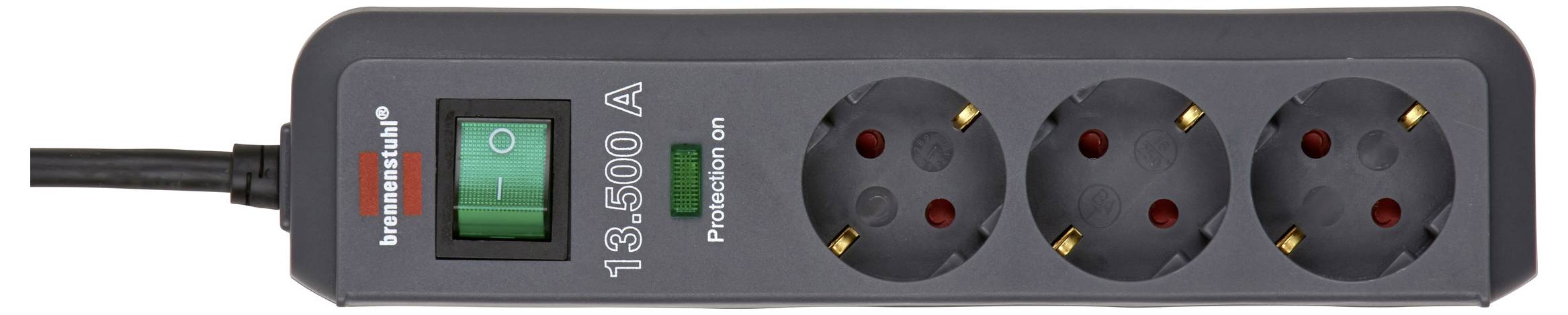 Black power strip with green on/off switch and three round socket outlets, labeled 13.5/500 A, with a power cable attached on the left.