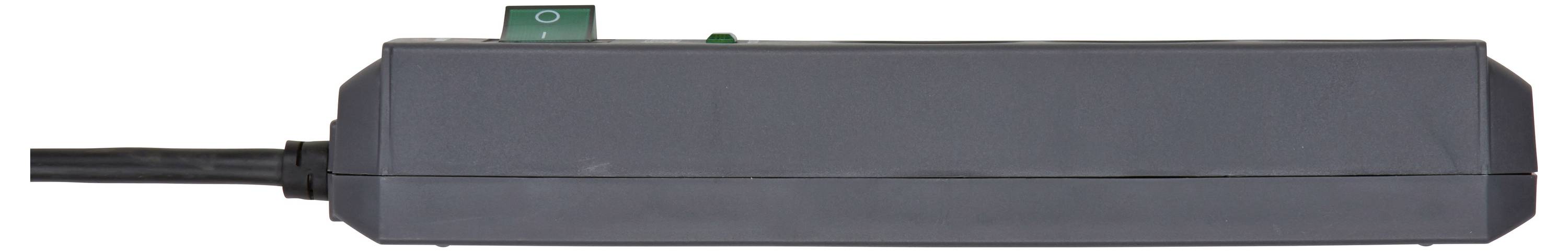 Black rectangular electronic device with a power cable on the left and a small green tab on top, shown on a white background.