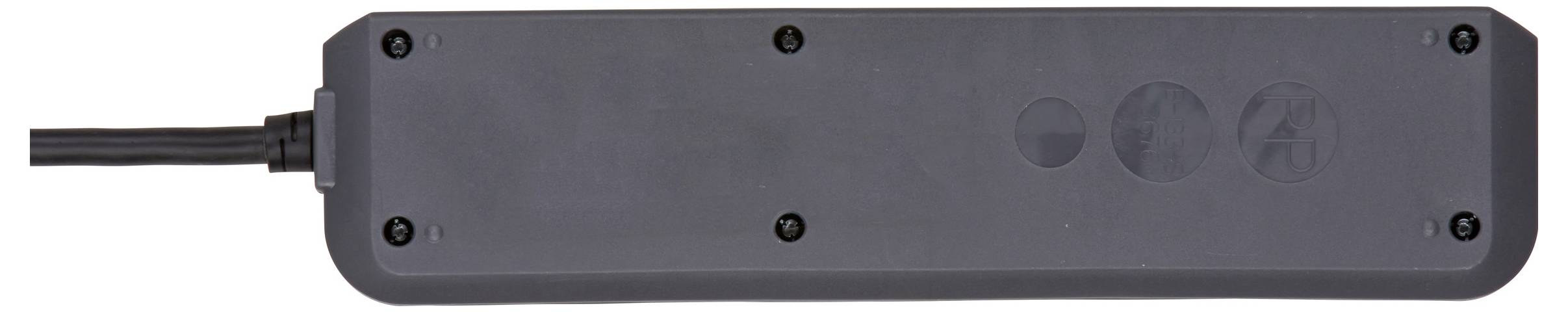 Black rectangular power strip or surge protector with a cable on the left and several outlet covers on the front.