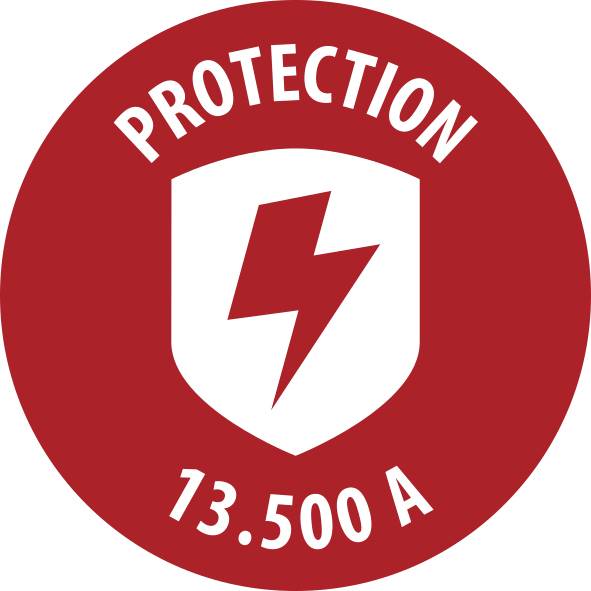Red circular 'PROTECTION 13.500 A' badge with a white shield and red lightning bolt, indicating electrical protection.<br>