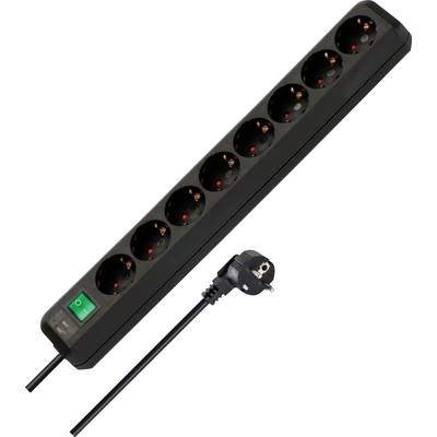 Black power strip with eight Schuko outlets, illuminated green on/off switch, and attached plug and cord.