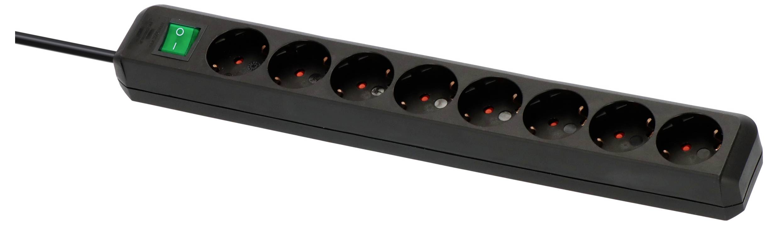 Black power strip with eight round outlets and a green on/off switch, shown with a plugged-in cord.