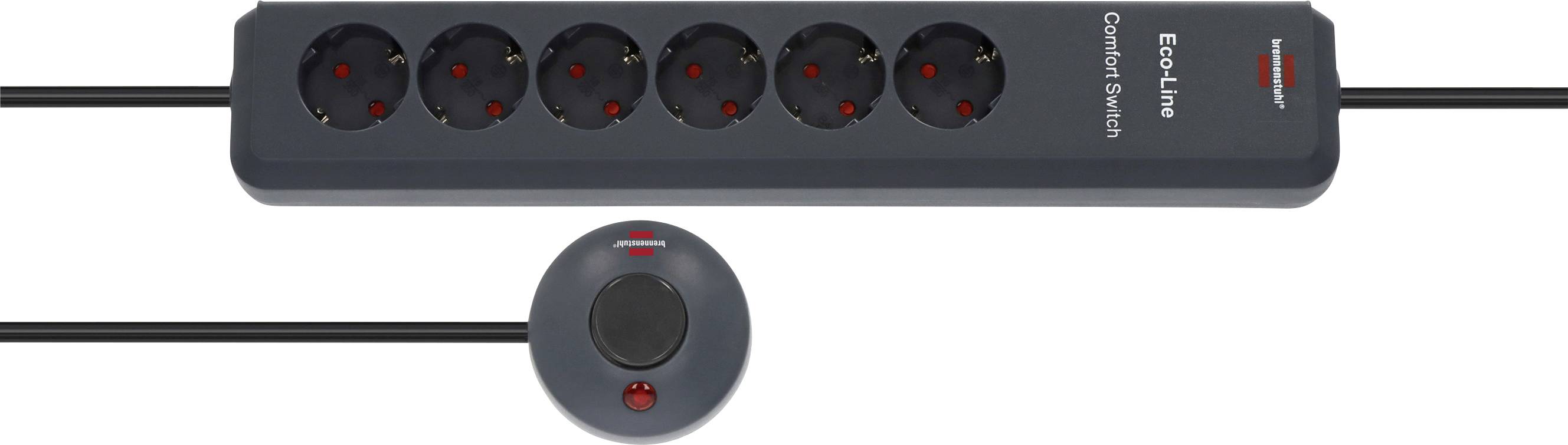 Black power strip with six sockets and cord, paired with a round inline switch module on a white background.