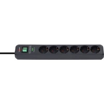 Black power strip with a green-lit on/off switch and seven round outlets, shown with a plugged-in cord on the left.