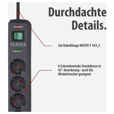 Product image of a black power strip with switch and 6 safety socket outlets; text mentions 5 m cable and 13,500 A protection
