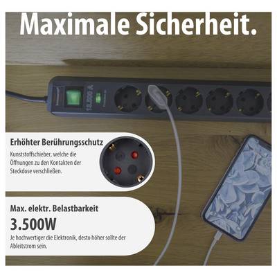 Power strip with child safety protection and 3,500W maximum power; the image shows lockable socket openings and a smartphone plugged in.