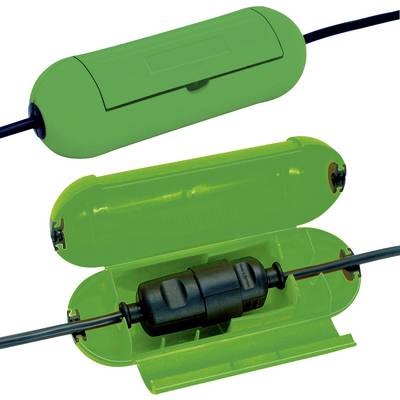 Three views of a green cable inline connector housing: closed, opened, and open with a black connector inside.<br>