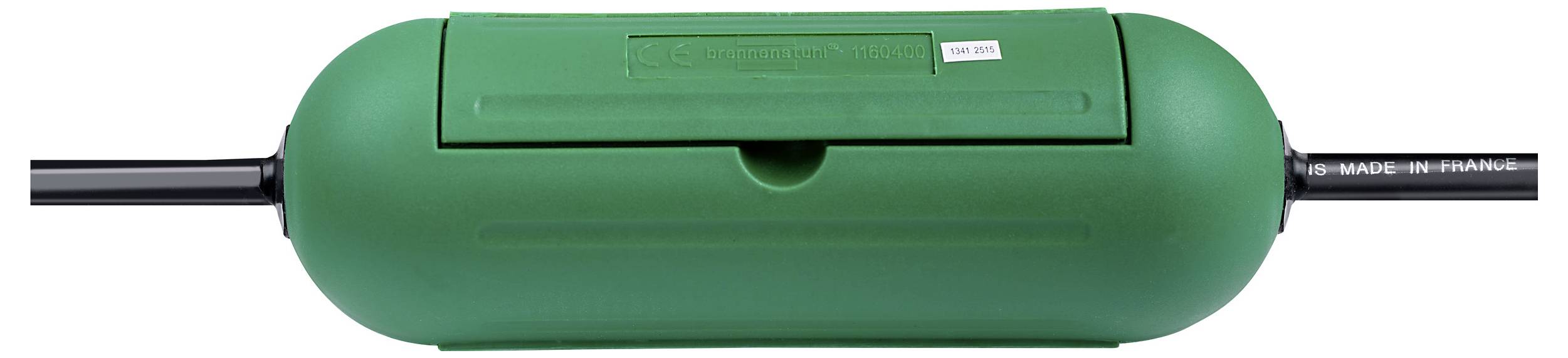 Green cylindrical inline device with black cables extending from both ends, shown against a white background.
