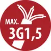 Red circular warning label reading 'MAX. 3G1,5' with a white cable or wire symbol above the text.