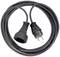 Black power cable with a Schuko plug and a Schuko socket, coiled. Suitable for electronic devices in Europe.