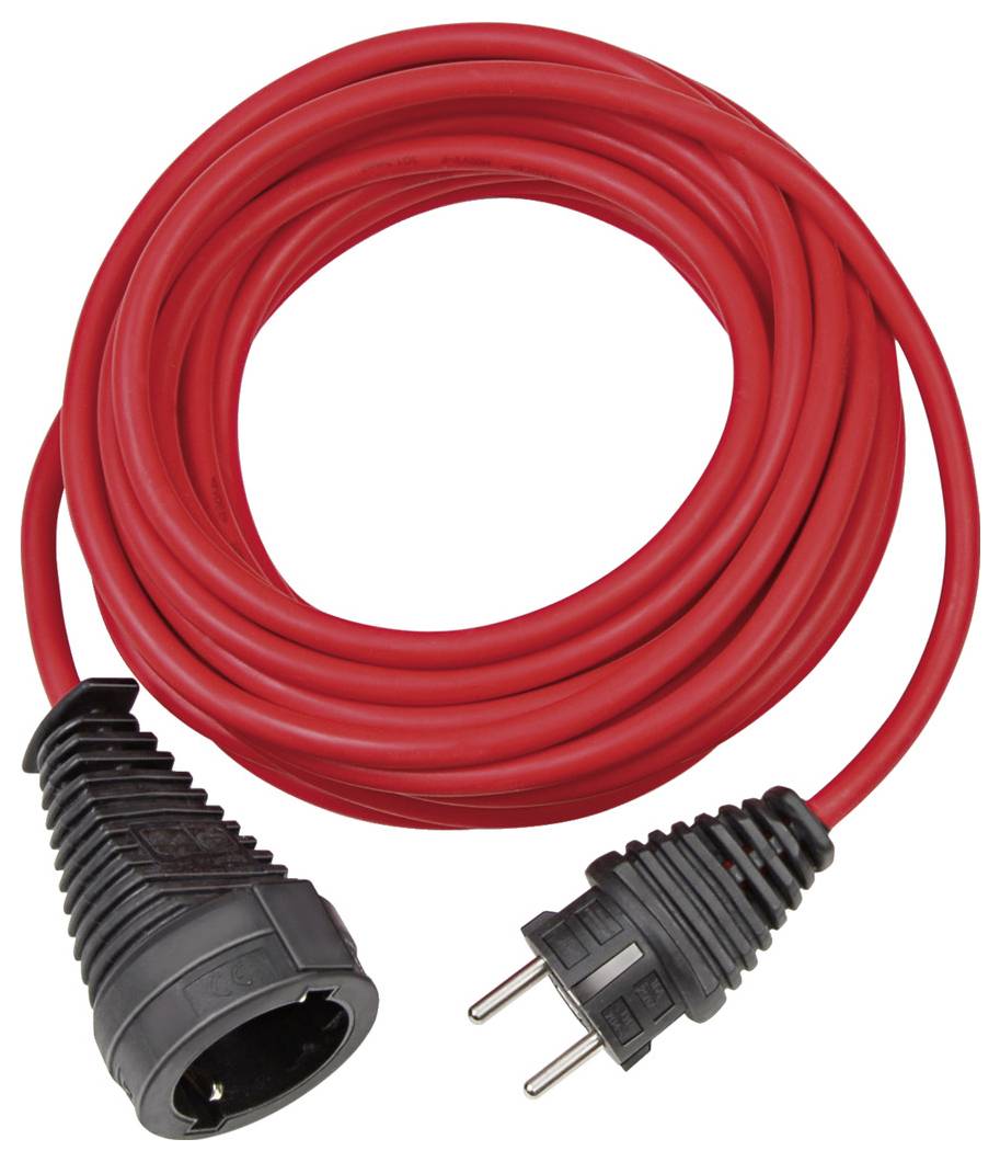 Red extension cord coiled with black plug and socket ends on a white background.