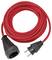 Red extension cord coiled with black plug and socket ends on a white background.