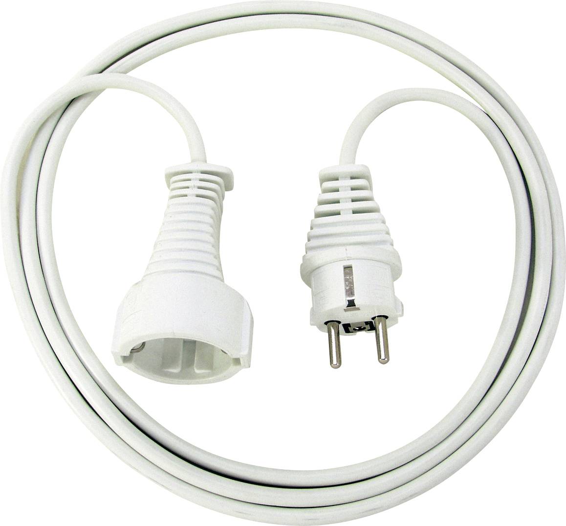 Coiled white power extension cord with a two-prong plug and matching socket connector on a white background