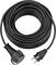 Coiled black power extension cord with a grounded plug on one end and a covered socket on the other.