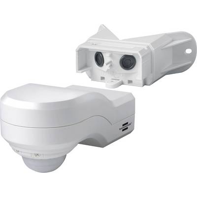 Two white security motion sensors, one cylindrical ceiling-mounted unit and one rectangular infrared sensor housing with twin lenses.