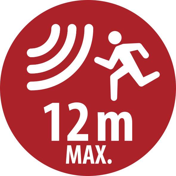 Red circular warning sign showing a running person and radiating lines, labeled '12 m MAX.', indicating a maximum distance or clearance of 12 meters.