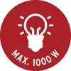 Red circular warning icon with a light bulb and the text 'MAX. 1000 W', indicating a maximum power limit.<br>