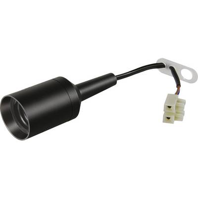 Black cylindrical lamp socket with attached wiring harness and two-pin connector on a white background.