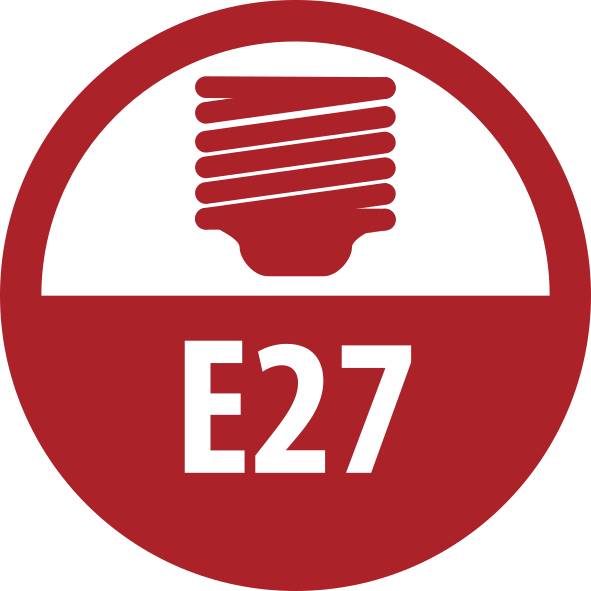 Red circular sign showing an E27 light bulb base icon and the text 'E27'.