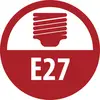 Red circular sign showing an E27 light bulb base icon and the text 'E27'.
