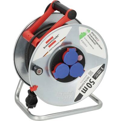 Portable cable reel with metal stand, black and red handle, and three blue outlets on the front<br>