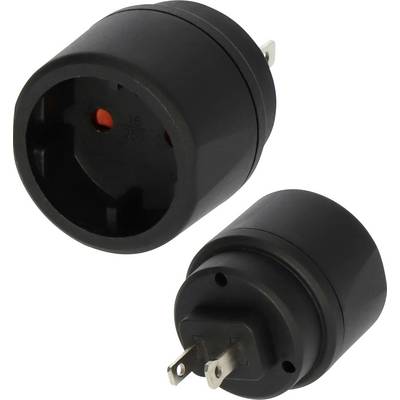 Two black electrical adapters, one front view and one angled view, showing round plug sockets and metal prongs on a white background.
