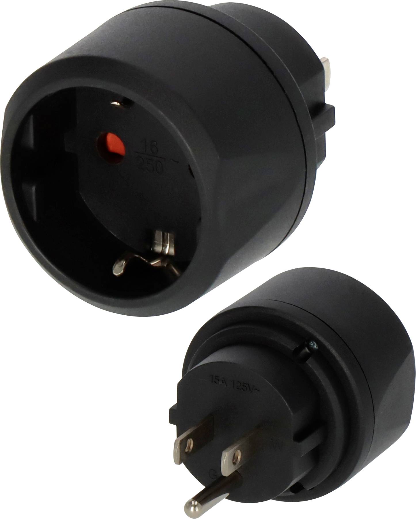 Black, round travel adapter with EU plug to US socket. Suitable for connecting European devices in the United States.