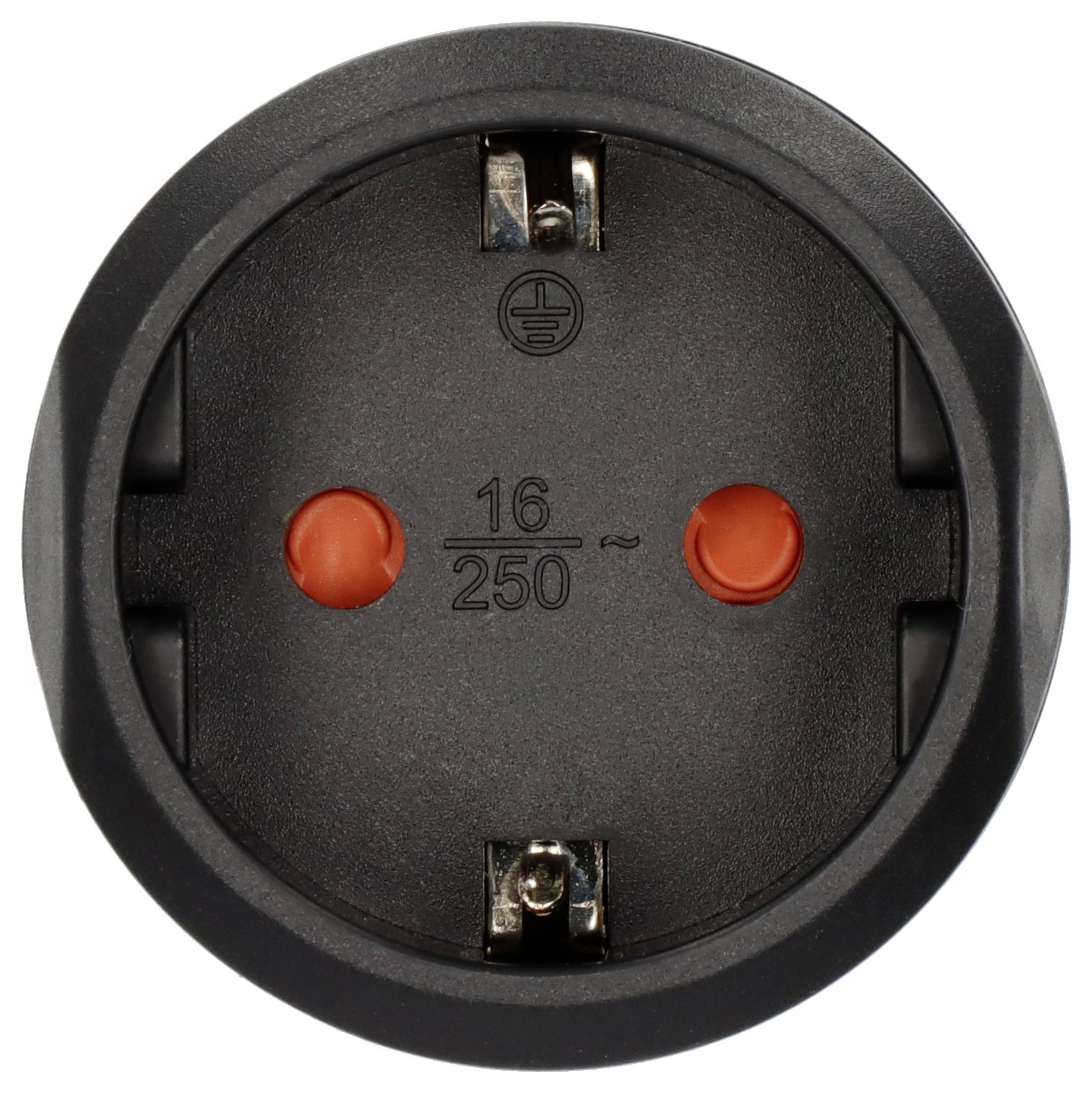 A black earthed socket with two round openings and an earthing symbol, suitable for 16 amperes and 250 volts alternating current.
