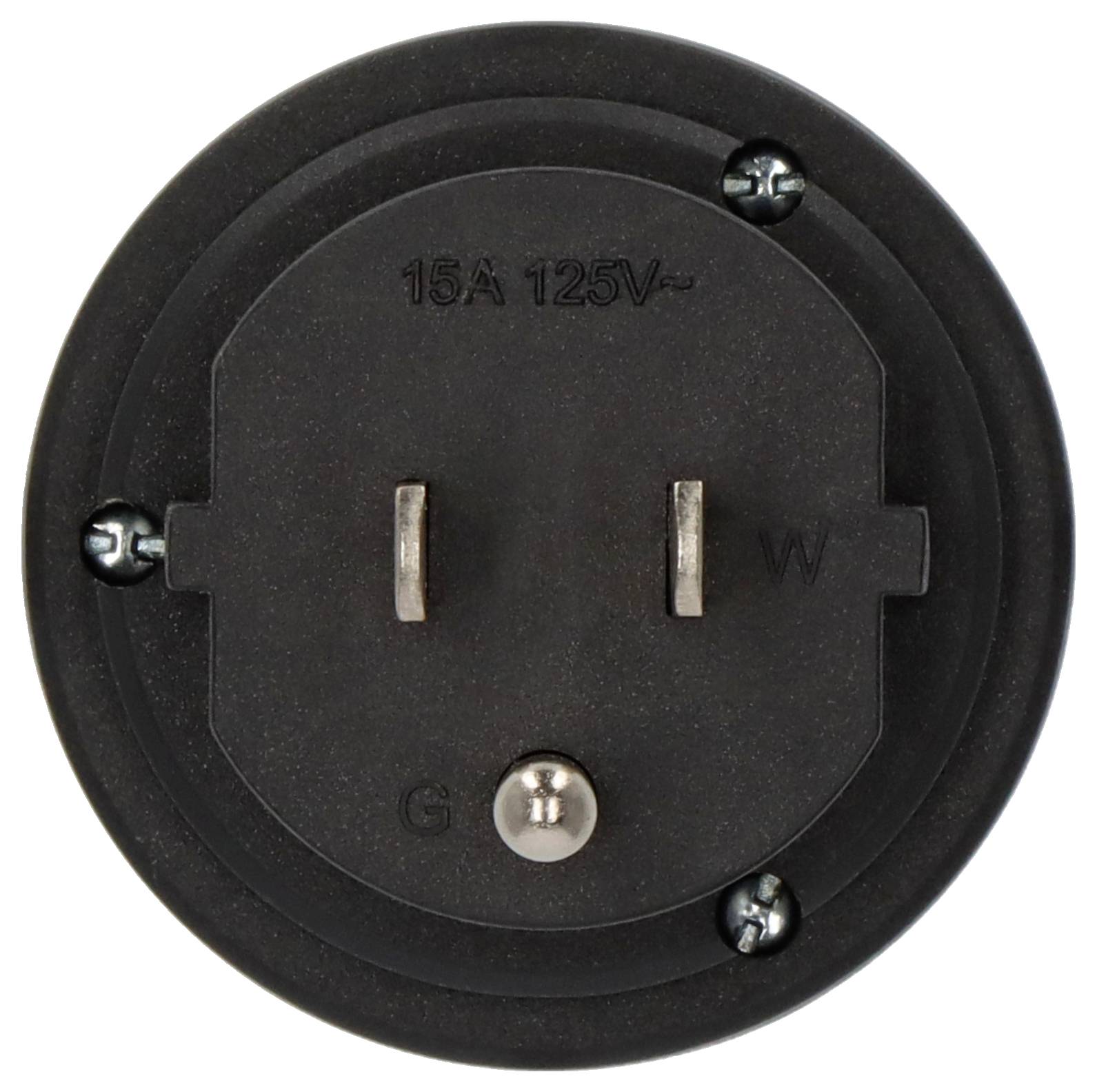 Circular, black electrical socket with printed markings '15A 125V~', 'W' and 'G'. Indicates the electrical specification and pole configuration.