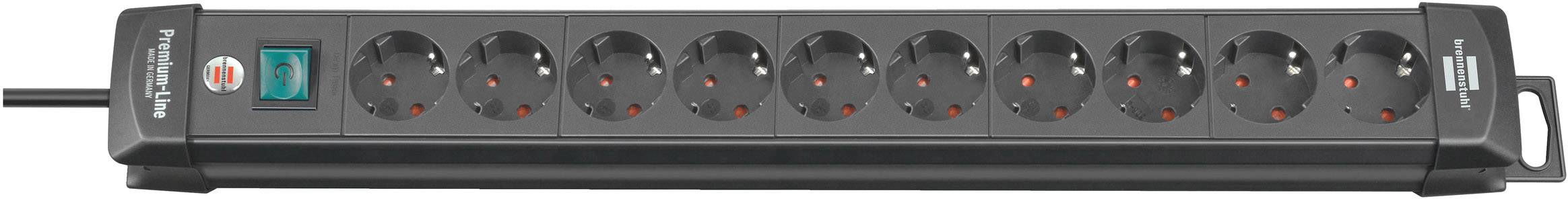 Black power strip with ten socket outlets and a red on/off switch, suitable for powering multiple devices.