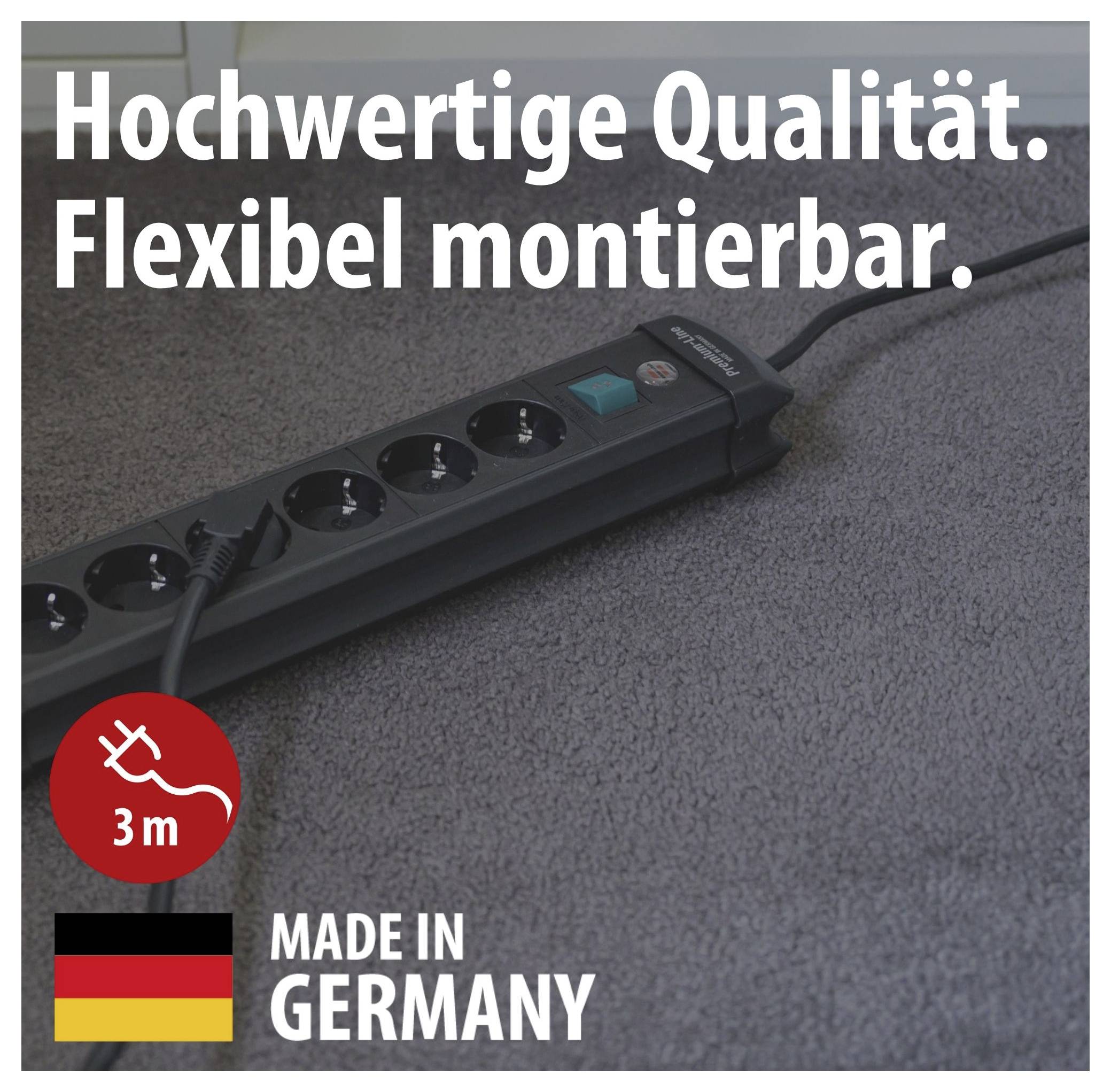 Power strip with 3 m cable on grey carpet; Text: 'High-quality. Flexibly mountable.' and 'MADE IN GERMANY'.