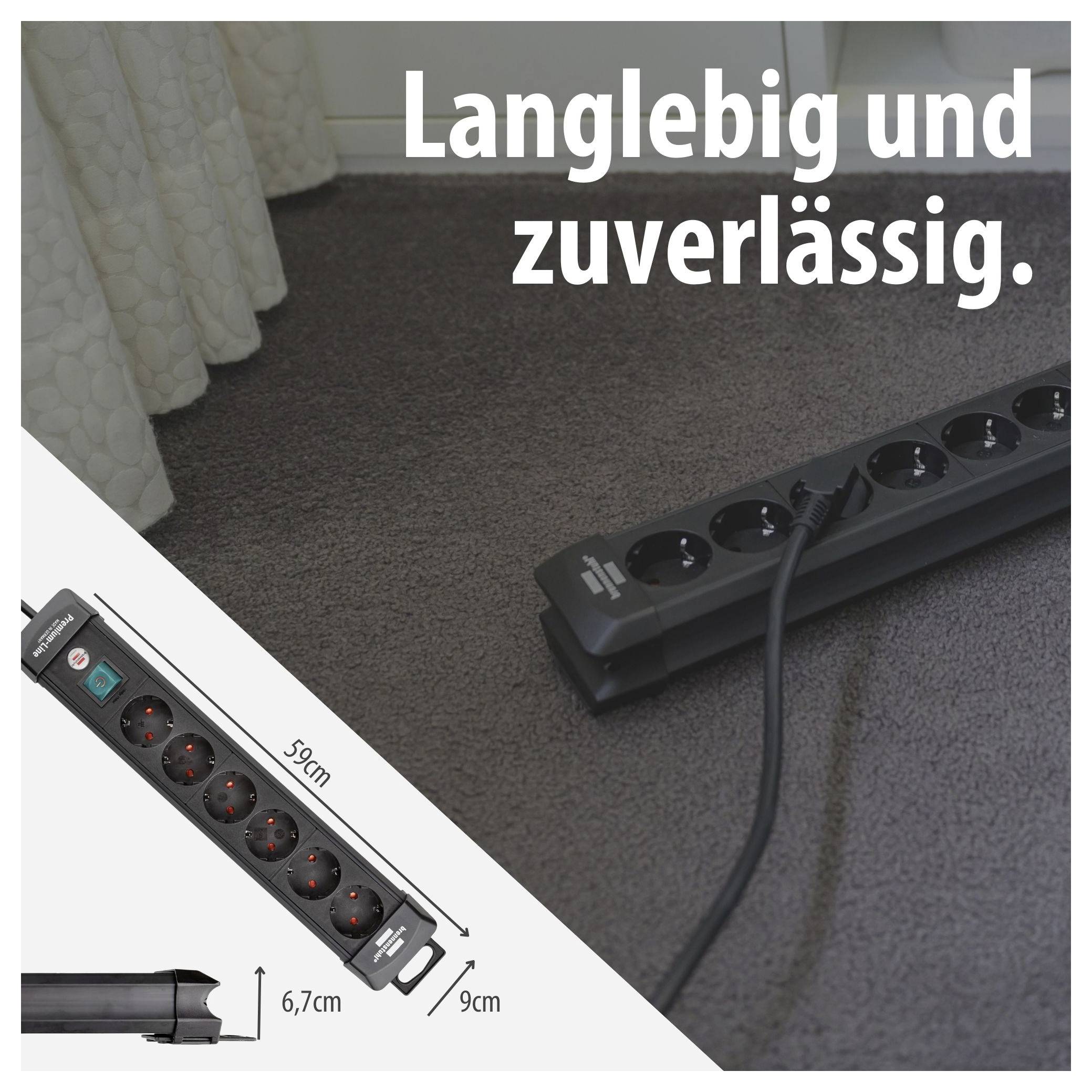 Advertising image of a black power strip with cable on carpet; Text: 'Durable and reliable.' and measurements 59 cm and 6.7 cm.