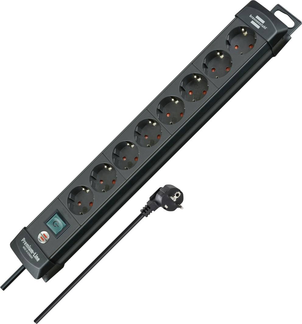 Black 8-socket power strip with on/off switch and angled European plug, shown on a white background.