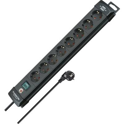 Black 8-socket power strip with on/off switch and angled European plug, shown on a white background.