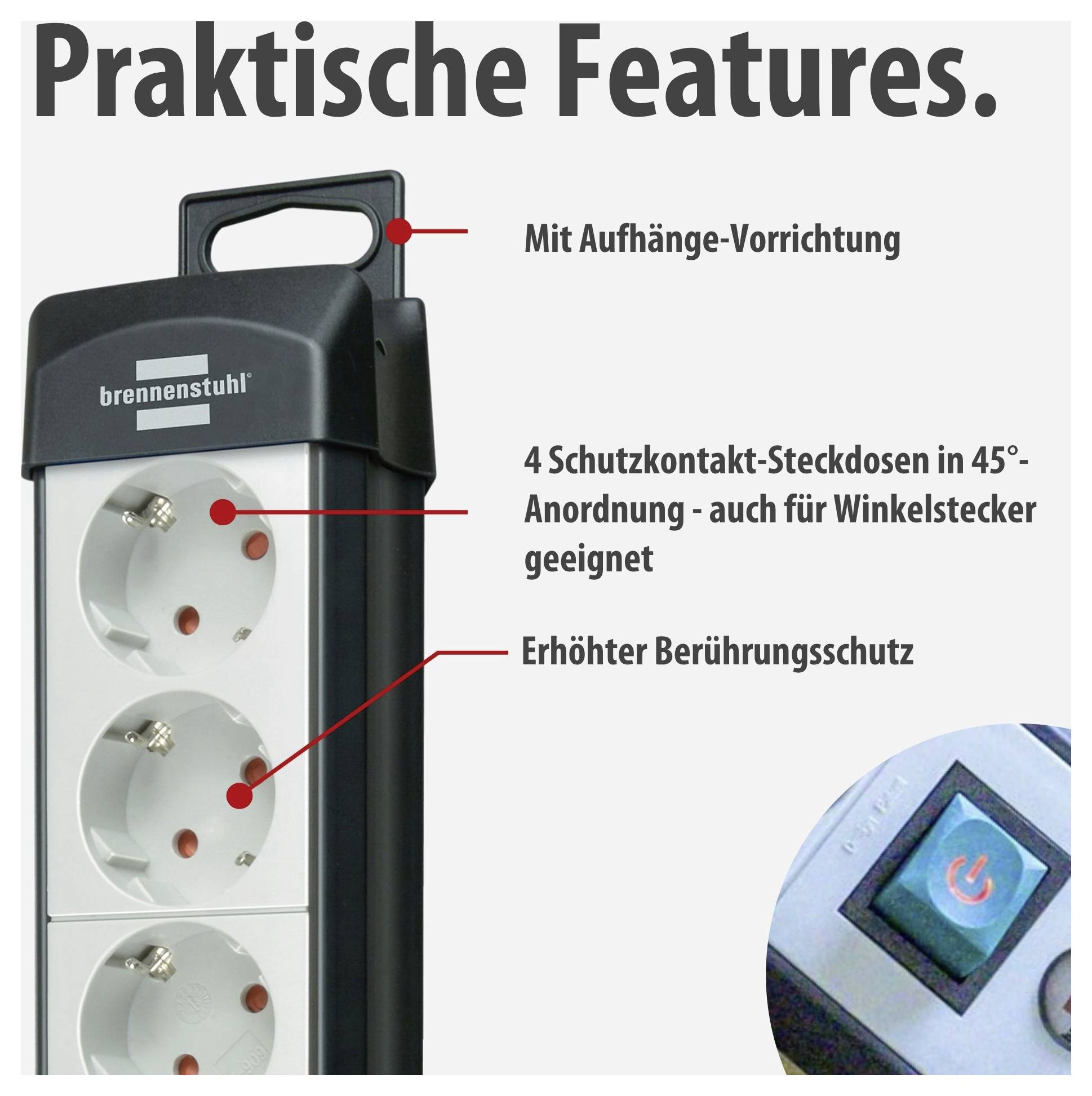 Product photograph of a Brennenstuhl power strip with mounting device, 4 safety sockets in 45° arrangement and enhanced contact protection; text highlights these features.