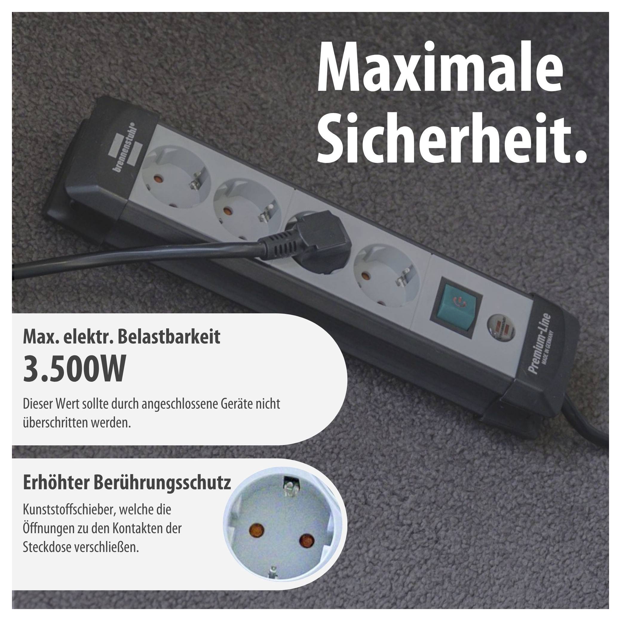 Advertisement for a Power Strip with the text 'Maximum Safety.', Load Capacity 3,500 W and Note on Enhanced Contact Protection through Plastic Shutters.
