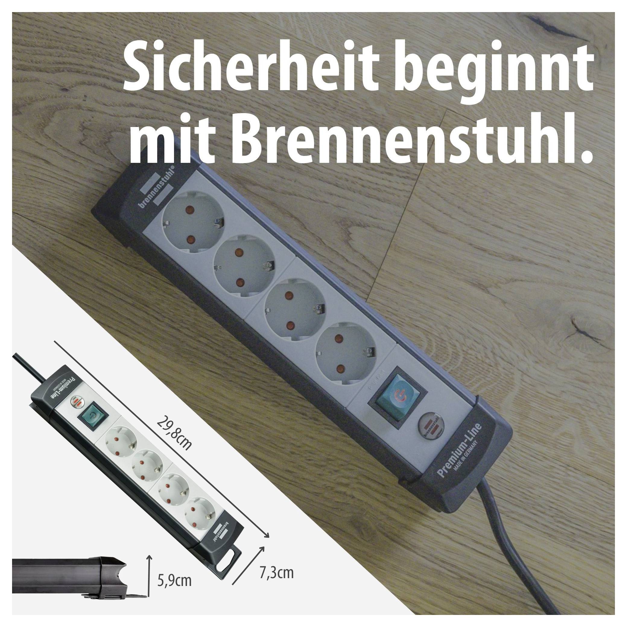 Advertising image for a Brennenstuhl power strip on a wooden floor; Text: 'Safety begins with Brennenstuhl.' and measurements 29.8 cm, 7.3 cm, 5.9 cm.