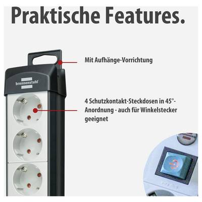 Product image of a power strip with carrying handle, mounting bracket and 4 safety sockets arranged at 45°; reference to angled adapter and illuminated switch.