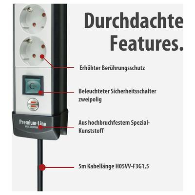 Advertisement for a power strip with 'well-thought-out features': elevated contact protection, illuminated two-pole safety switch, shatterproof special plastic, 5 m cable.