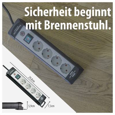 Advertising image of a Brennenstuhl power strip on a wooden floor with the text 'Safety begins with Brennenstuhl.' and dimensions of 29.8 cm, 5.9 cm, 7.3 cm.