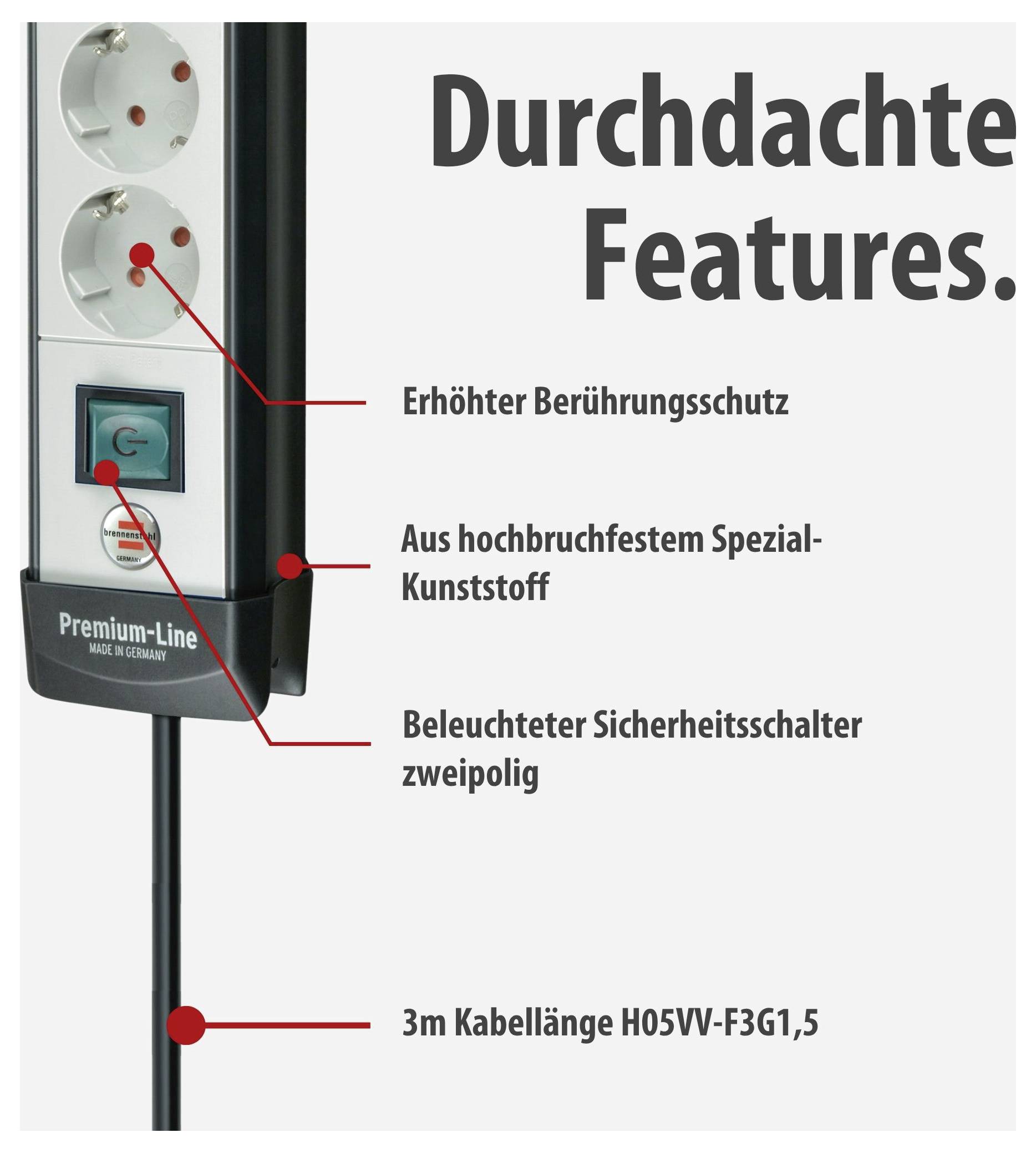 Advertising illustration of a power strip with 'Well-Thought-Out Features': elevated contact protection, shatterproof plastic housing, illuminated two-pole safety switch and 3 m cable length.