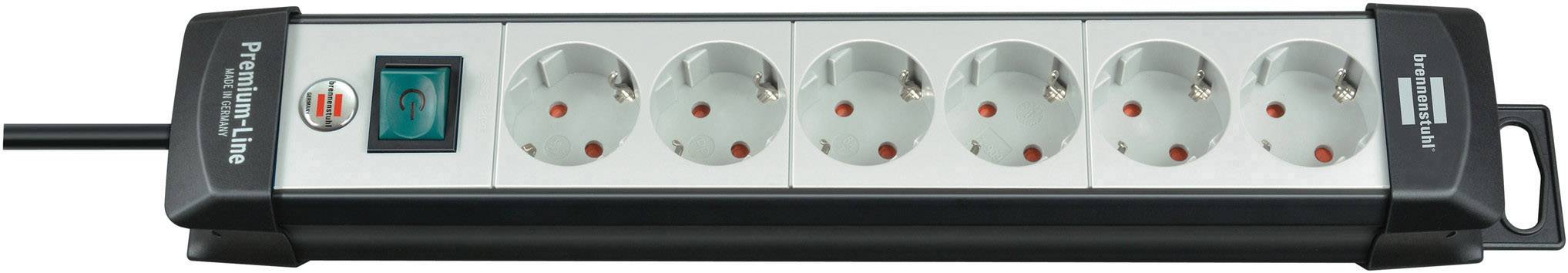 Six-way power strip with switch, showing six socket outlets and a green on/off switch on the left side.
