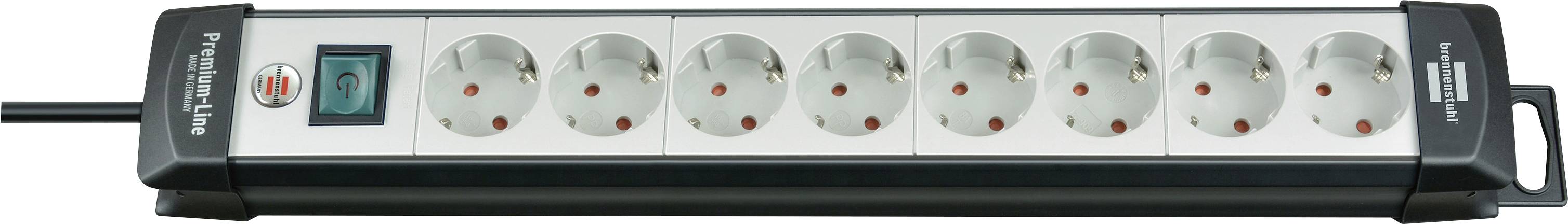A power strip with a red on/off switch and eight European-style outlets, shown horizontally with a black power cord attached.