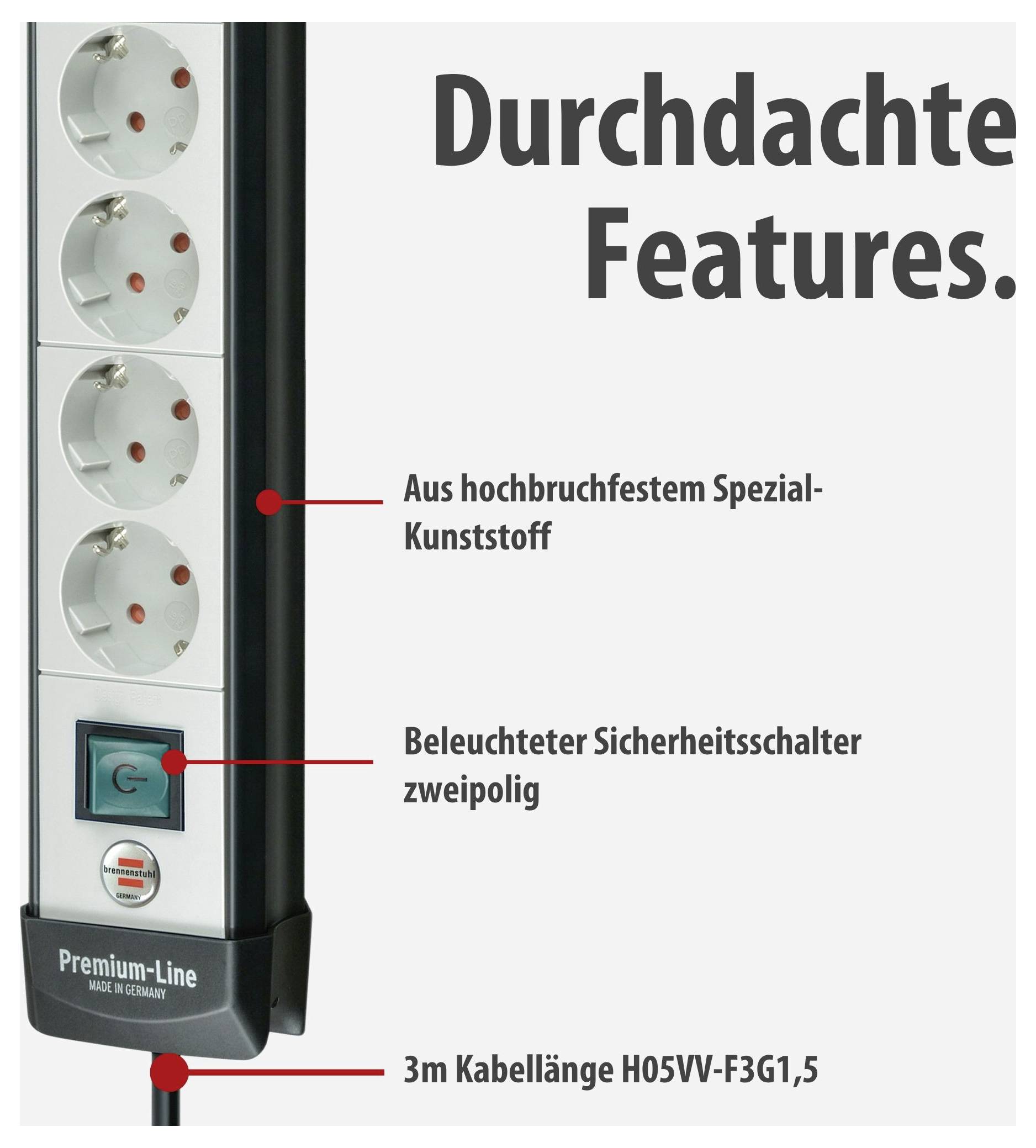 Advertisement for a power strip with 4 sockets and illuminated safety switch; shows 'Thoughtful Features', high impact resistance and 3 m cable.