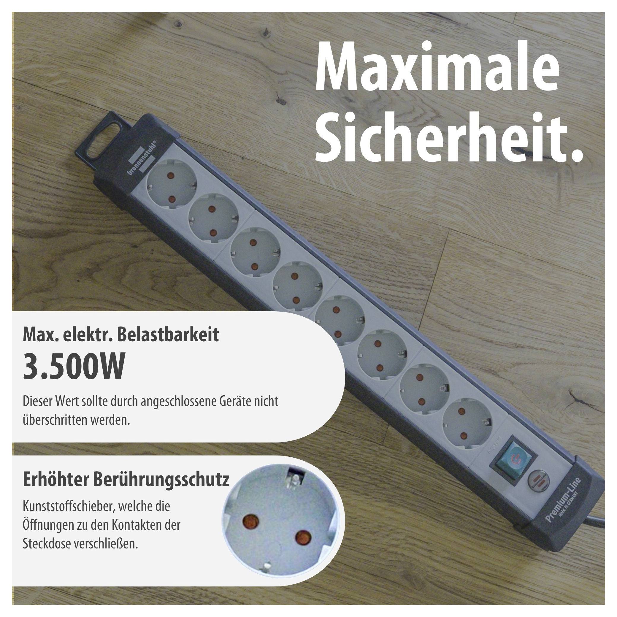 Power extension strip on wooden floor with text 'Maximum Safety', 3,500W maximum load capacity and enhanced contact protection through plastic shutters.